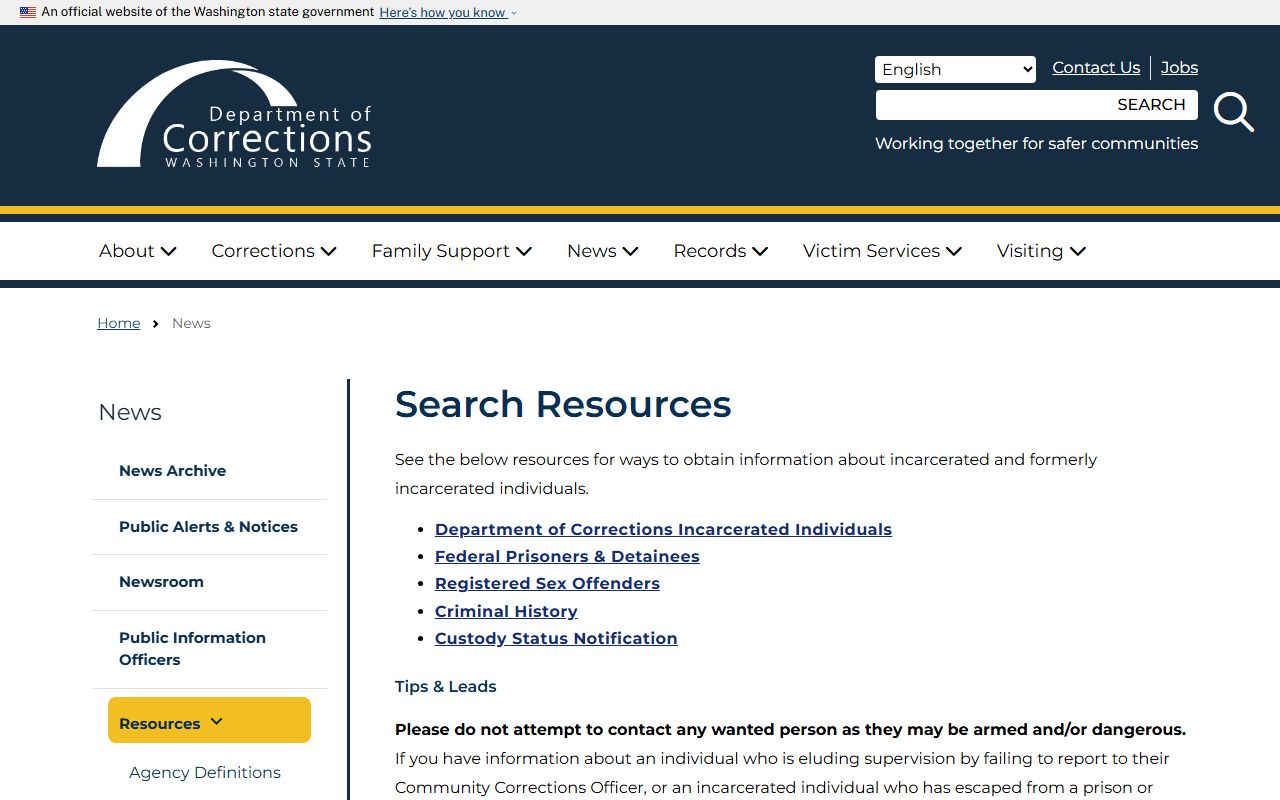 Washington DOC Search Resources page for jail roster links